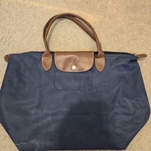 Long Champ Elegant Navy and Brown Tote Bag Large